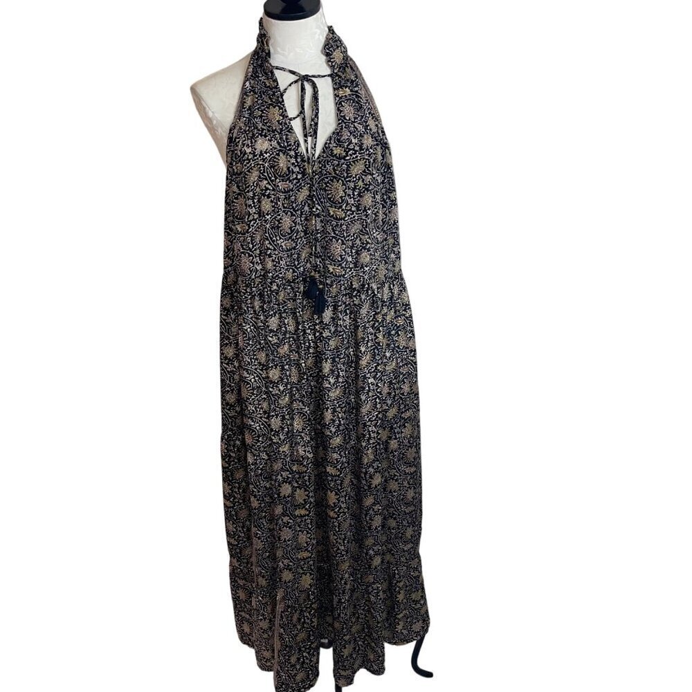 Paani Womens Dress Size Medium Black Boho Maxi Tiered Tassel Bohemian V Neck